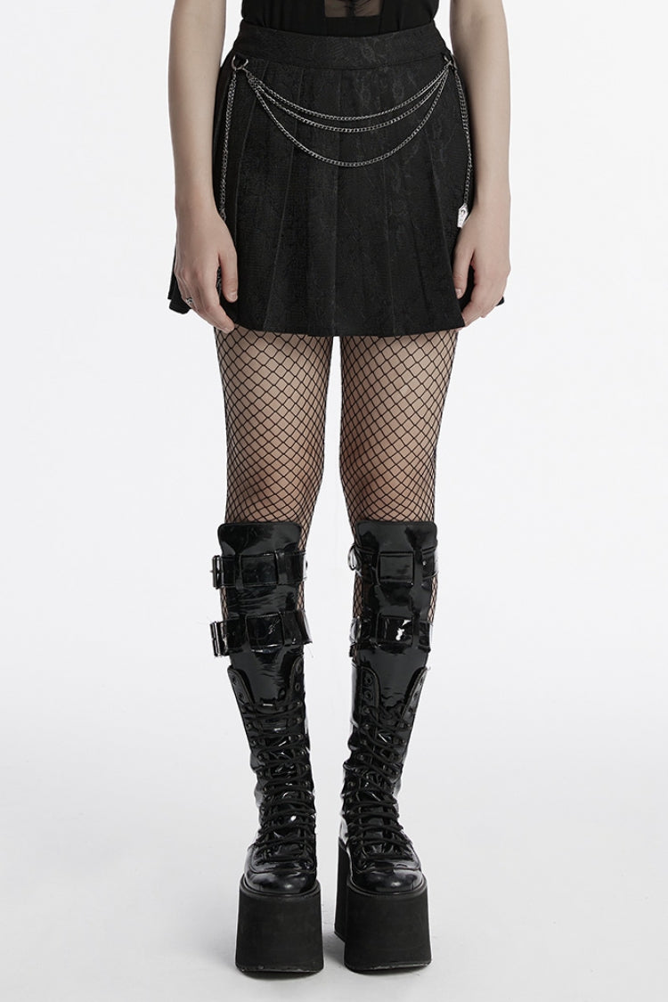 Jupe plissée punk en dentelle à couture noire pour femmes avec chaîne 