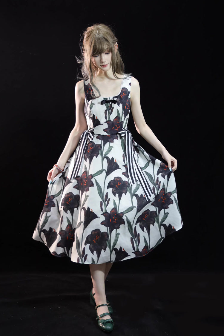 Ivory Square Collar Sleeveless Black Lily Printed Bow Gothic Lolita Jsk Dress