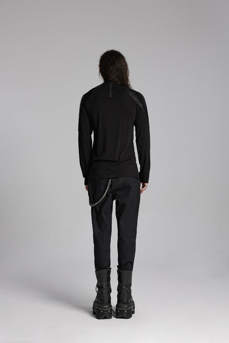 Black Round Collar Long Sleeves Mesh Pleated Loop Men's Punk Blouse
