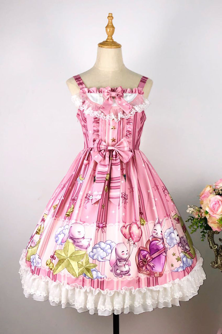 [Bunny Star Paradise] Robe Jsk Lolita douce sans manches imprimée à volants avec nœud en dentelle 4 