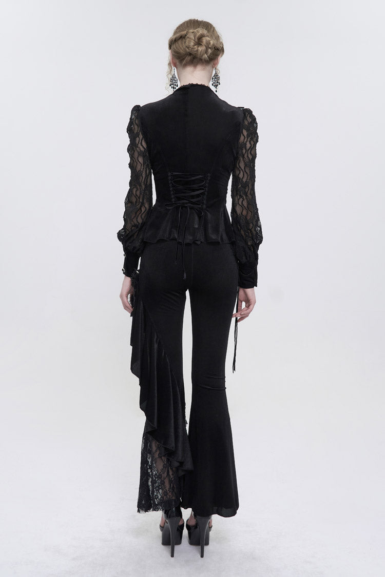 Schwarzer Samt-Hochhals-Spitzen-Fake-BH-Design, das dreidimensionales Schmetterlingsnetz-Gothic-Shirt für Damen spleißt