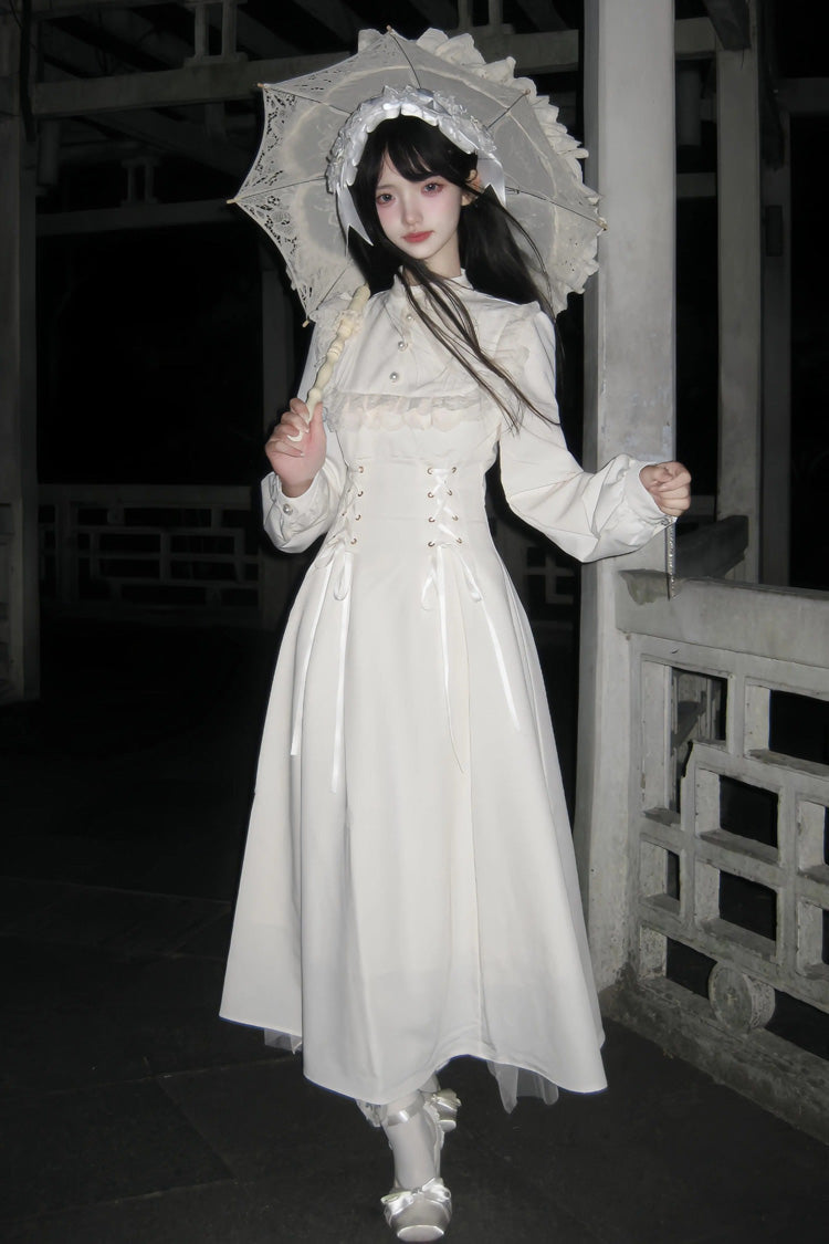 Apricot Stand Collar Long Sleeves Ruffled Lace-Up Mid-length Gothic Lolita Dress