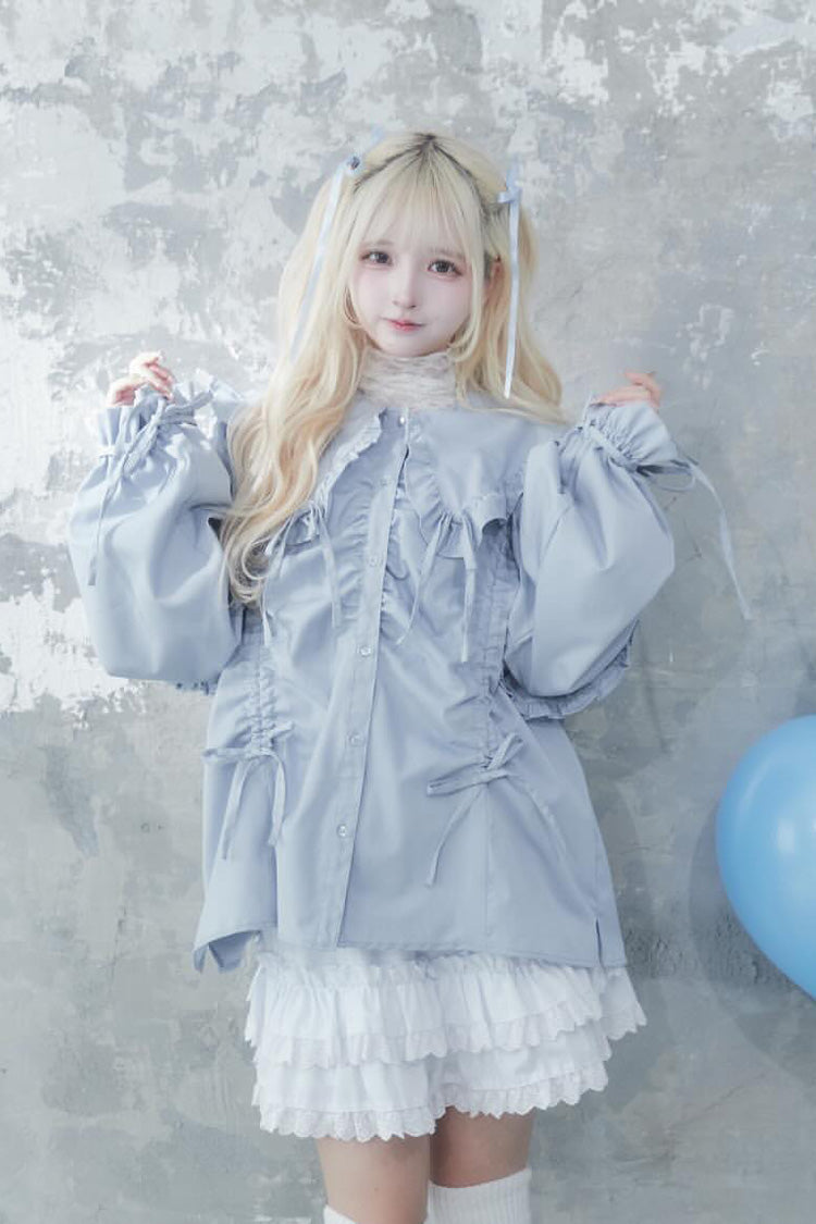 Doll Collar Long Sleeves Ruffle Bowknot Sweet Jirai Kei Japanese Blouse 3 Colors