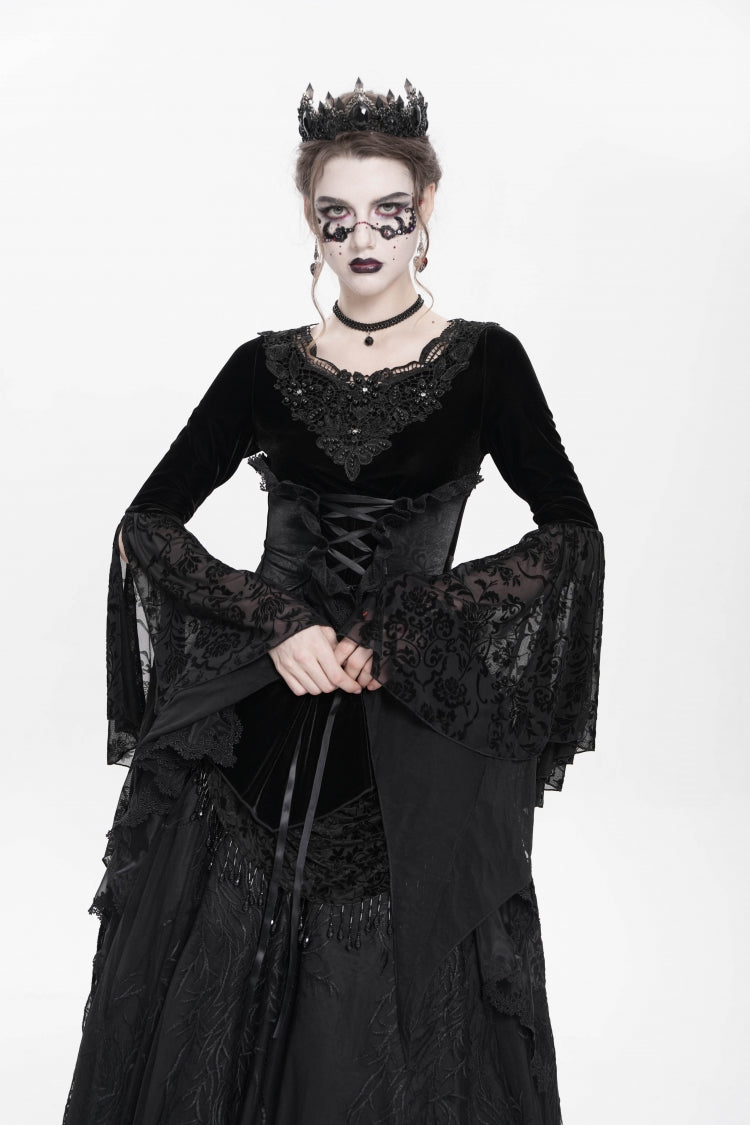 Black Long Sleeves Lace-Up Beaded Pleated Women's Gothic Blouse