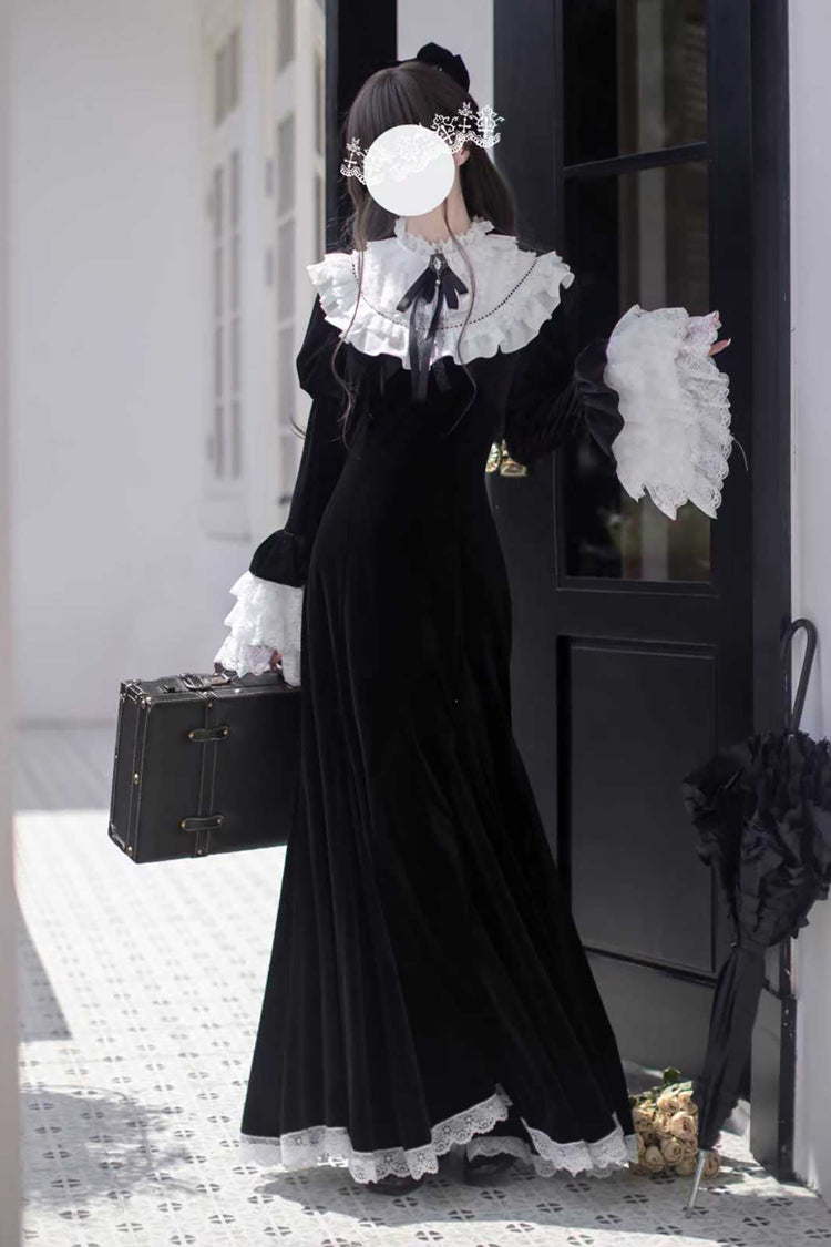 Black [Raven-Feather Poetic Letter] Velvet Long Hime Sleeves Ruffle Bowknot Gothic Elegant Lolita Fishtail Dress