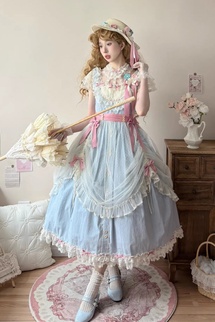 Blue [Sakura’s Spring Resonance] Sleeveless Ruffled Bow Sweet Lolita Jsk Dress (Long Version)