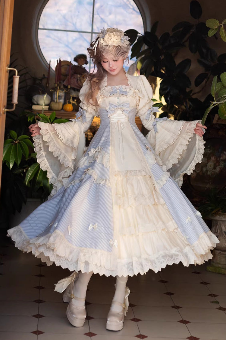 Blaues [Briefpapier] ärmelloses, doppellagiges, bedrucktes, gerüschtes, vorne offenes, geschnürtes, süßes Lolita-JSK-Kleid (lange Version)