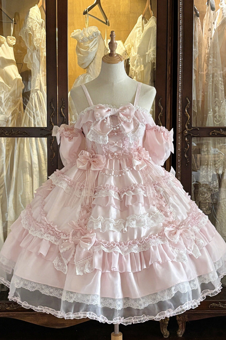Robe rose [Chutes de neige cerises de printemps], épaules dénudées, manches courtes, nœud à volants multicouche, douce robe Lolita Jsk