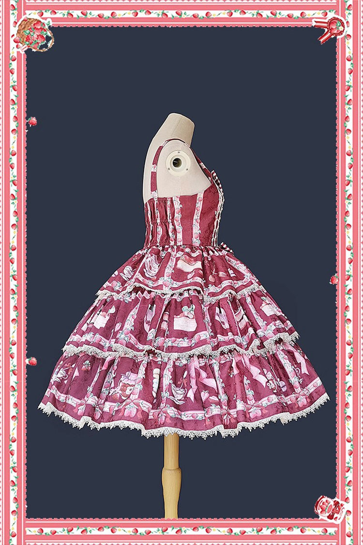 Strawberry Afternoon Tea Cake Ice Cream Print Bowknot Sleeveless Sweet Lolita Tiered Dress 3 Colors