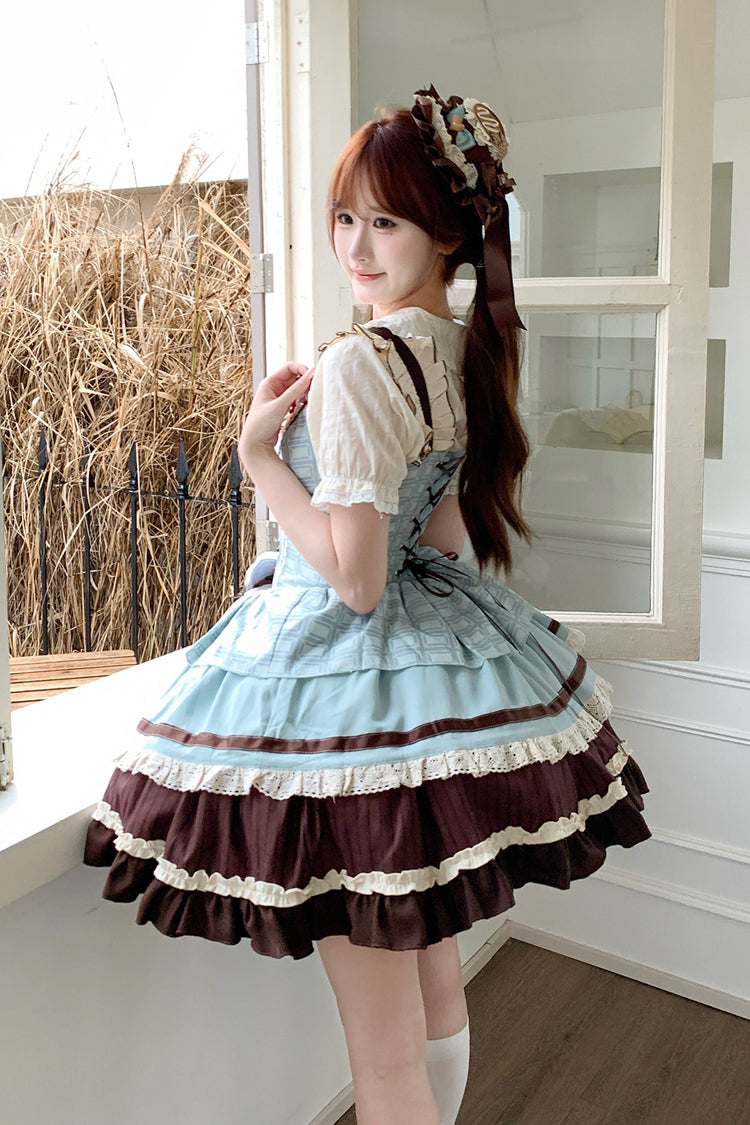 Green/Brown [Mint Chocolate] Sleeveless Triple-Layered Ruffle Bowknot Sweet Lolita Jsk Dress