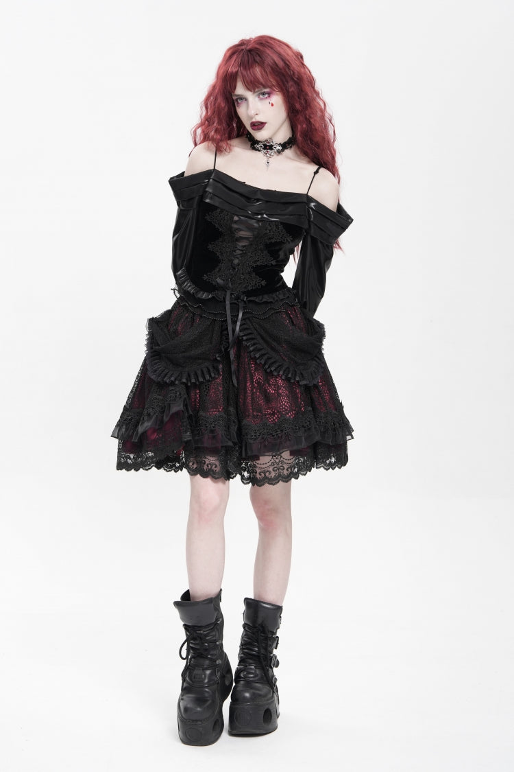 Black/Red Multi-Layered Ruffle Buckle Straps Women's Gothic Skirt