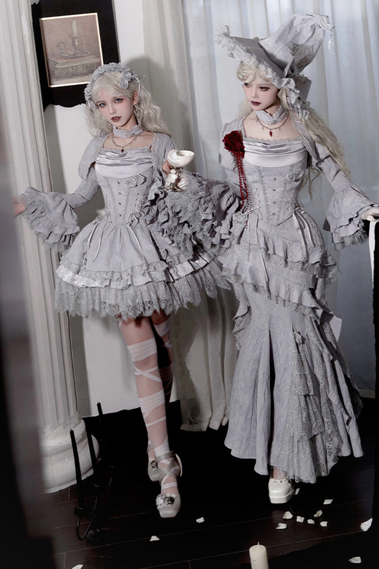 Silver Grey [Twilight] Multi-Layered Ruffle Hollow Lace Gothic Witch Lolita Skirt