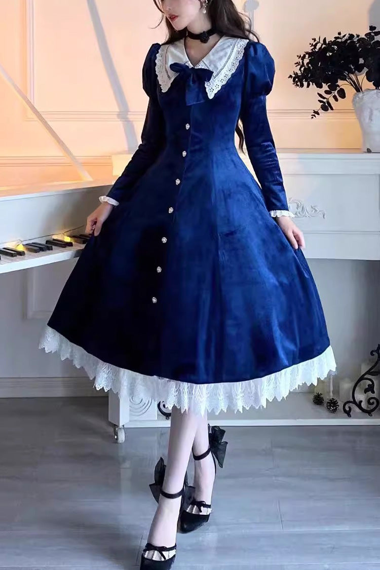 Vintage Lapel Collar Long Sleeves Ruffle Bowknot Elegant Lolita Dress 3 Colors