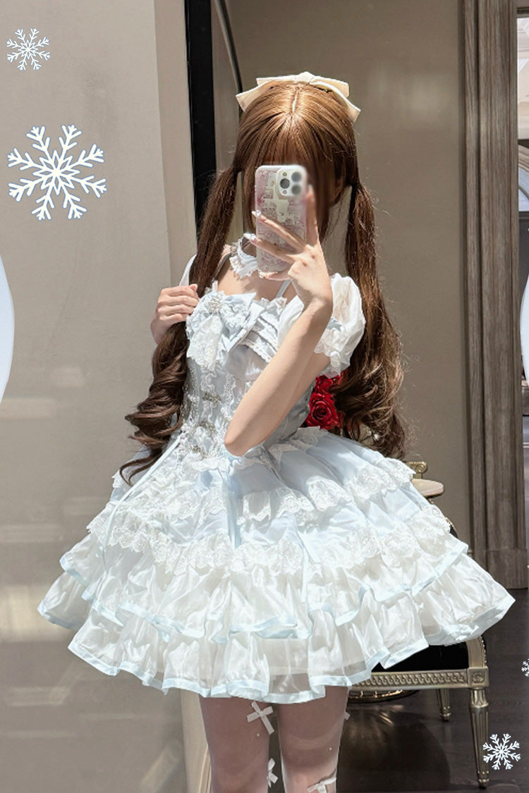 White/Blue [Ice Dance] Short Sleeves Multi-Layered Ruffle Embroidery Bowknot Lace Sweet Lolita Dress