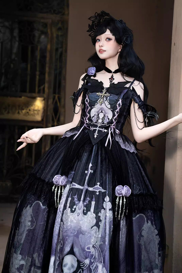 Black/Blue [Skull Magic] Print Ruffle Bowknot Gothic Elegant Lolita Skirt Two-Piece Set