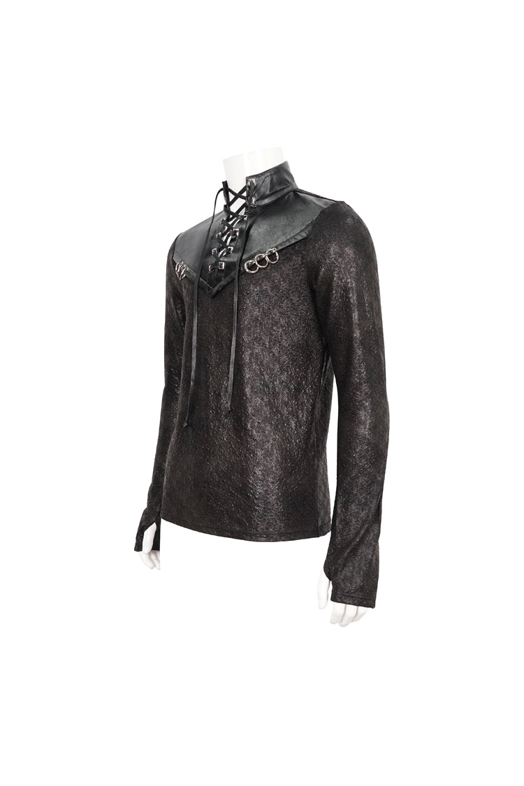 Black Stand Collar Long Sleeves Faux Leather Splice Men's Gothic Shirt
