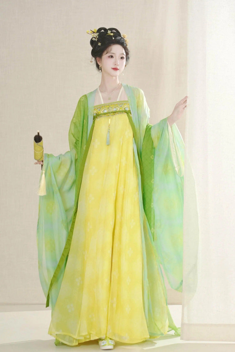 Yellow/Green [Spring] Long Sleeves High Waisted Printed Embroidered Women's Elegant Royal Hanfu Set