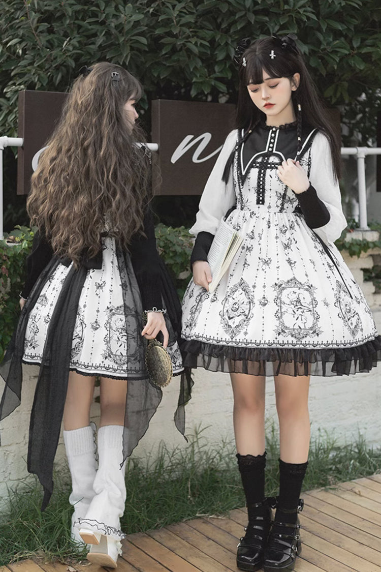 Black/White Long Sleeves Lace Ruffle Butterfly Magic Print Gothic Lolita OP Dress
