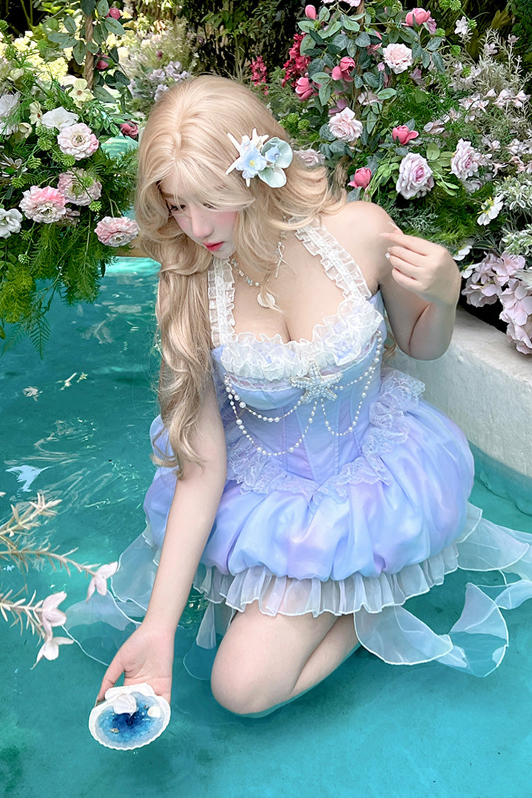Blue [Starlight Jellyfish Princess] Halterneck Sleeveless Ruffle Lace Sweet Lolita Jsk Dress