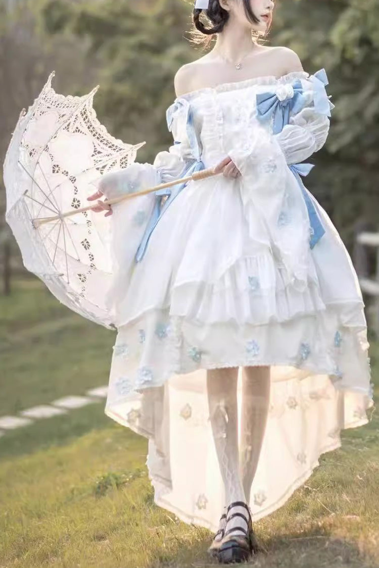 White Boat Neck Multi-layer Ruffle Hanayome Bowknot Sweet Princess Lolita Strapless Dress