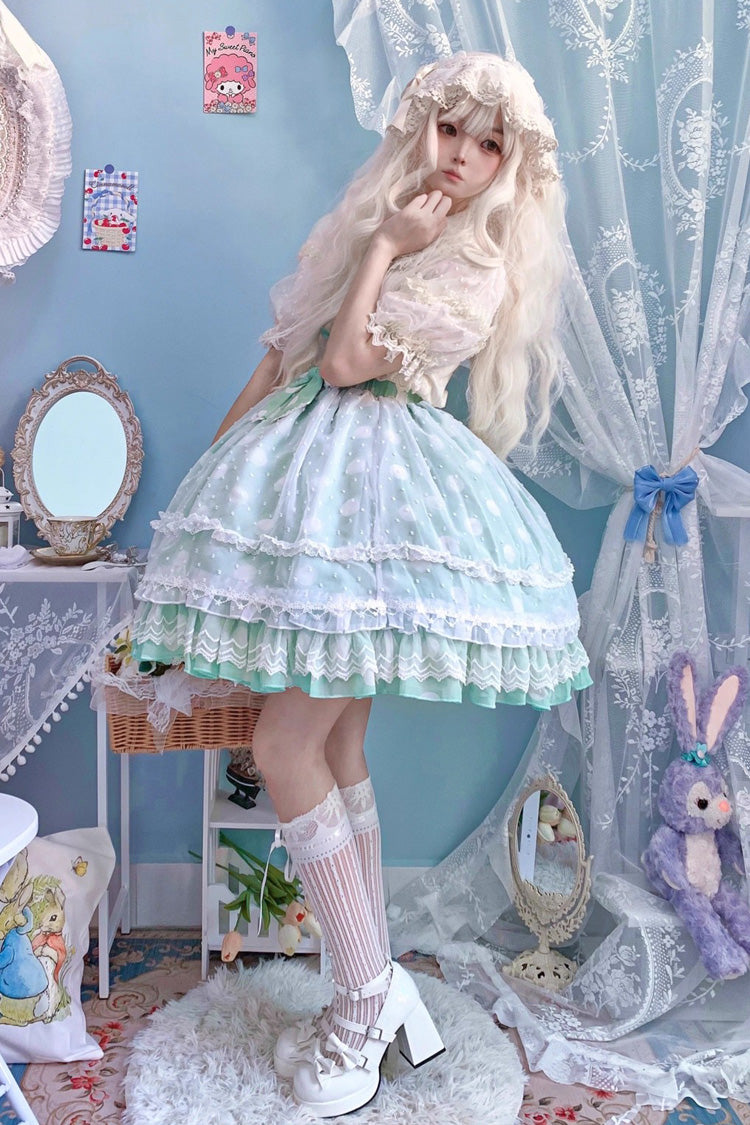[Wave Candy] Jupe Lolita douce à nœud à volants imprimé triple couche 3 couleurs 