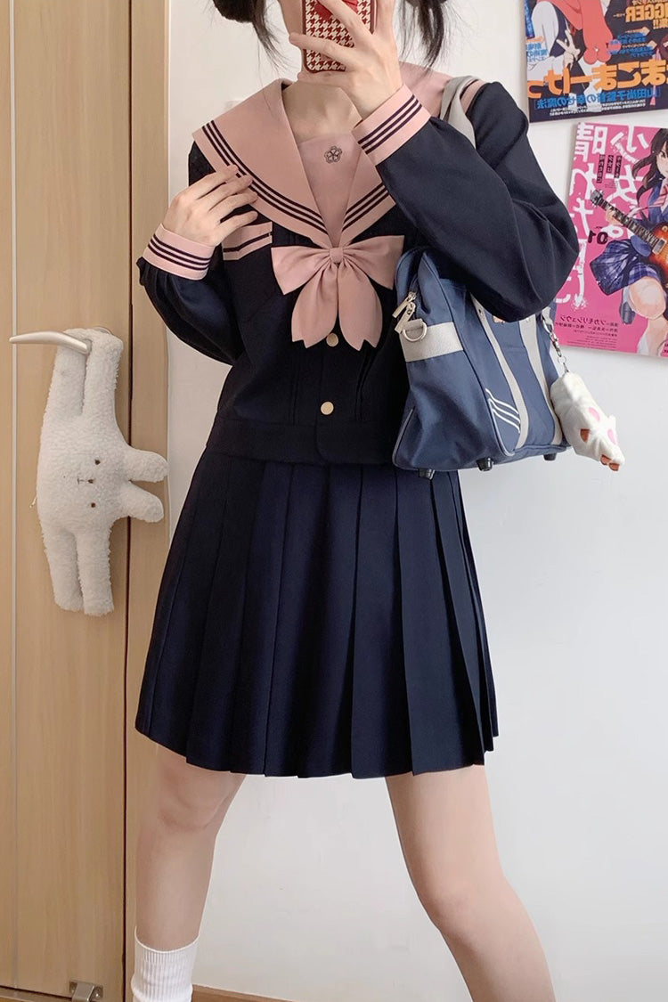Dark Blue Sailor Collar Long Sleeves Sweet Japanese School Skirt Set