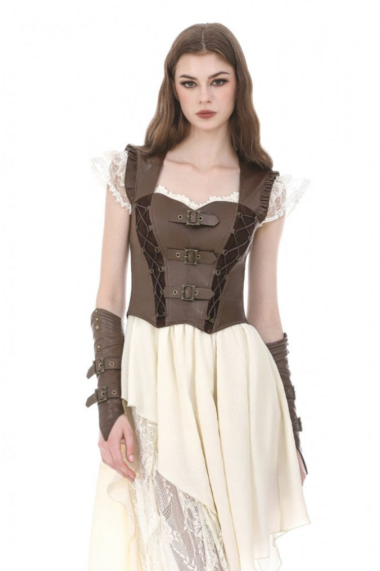Brown Sweetheart Neckline Ruffled Flutter Sleeves Cut-Out Buckled Strap Women's Steampunk Slim Corset Vest