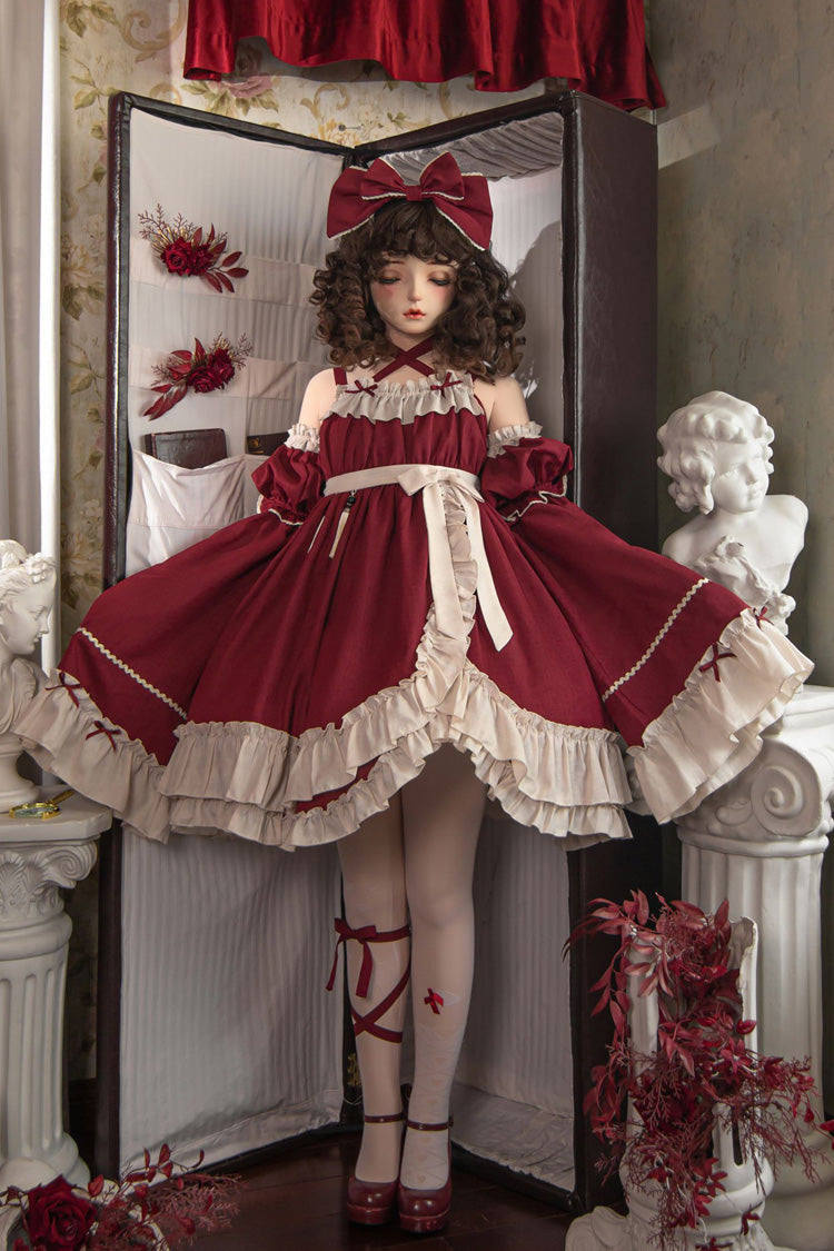 Red [Monet Estate] Sleeveless High Waisted Ruffle Bowknot Asymmetric Gothic Lolita Jsk Dress