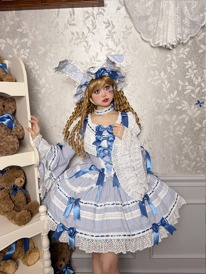 Blue/White [Rabbit Sleeping Doll] Long Trumpet Sleeves Ruffle Bowknot Lace Sweet Lolita Dress