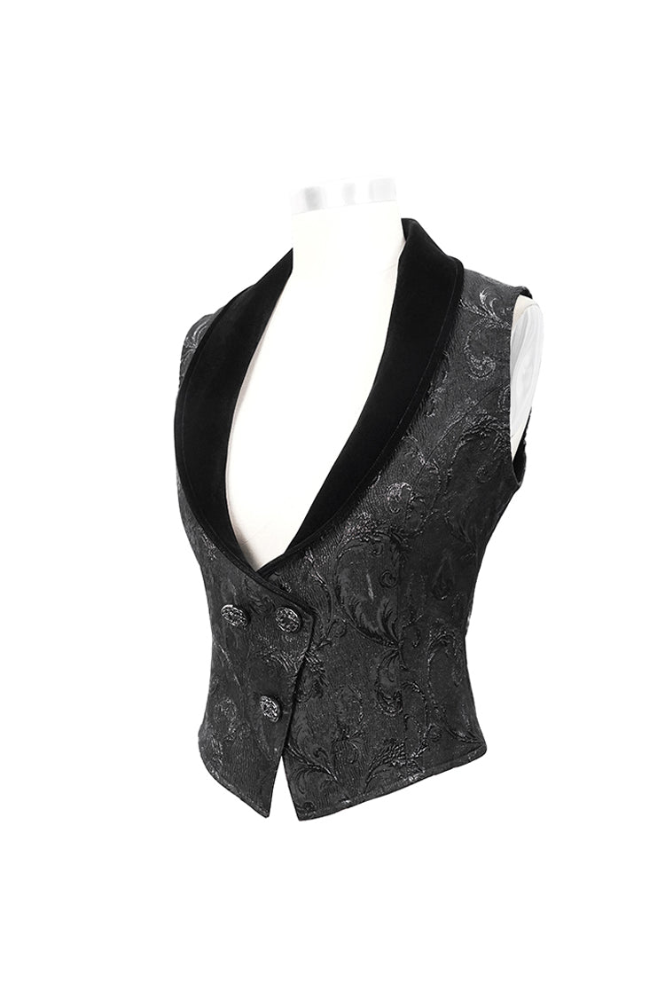 Black Velvet 3D Jacquard Low Collar Women's Gothic Waistcoat