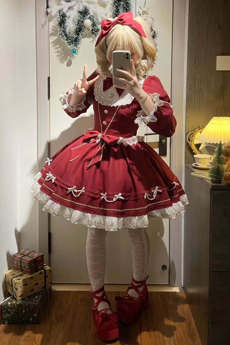 Red [Miss Flando of the New Year] Long Sleeves Ruffled Bow Sweet Lolita Dress