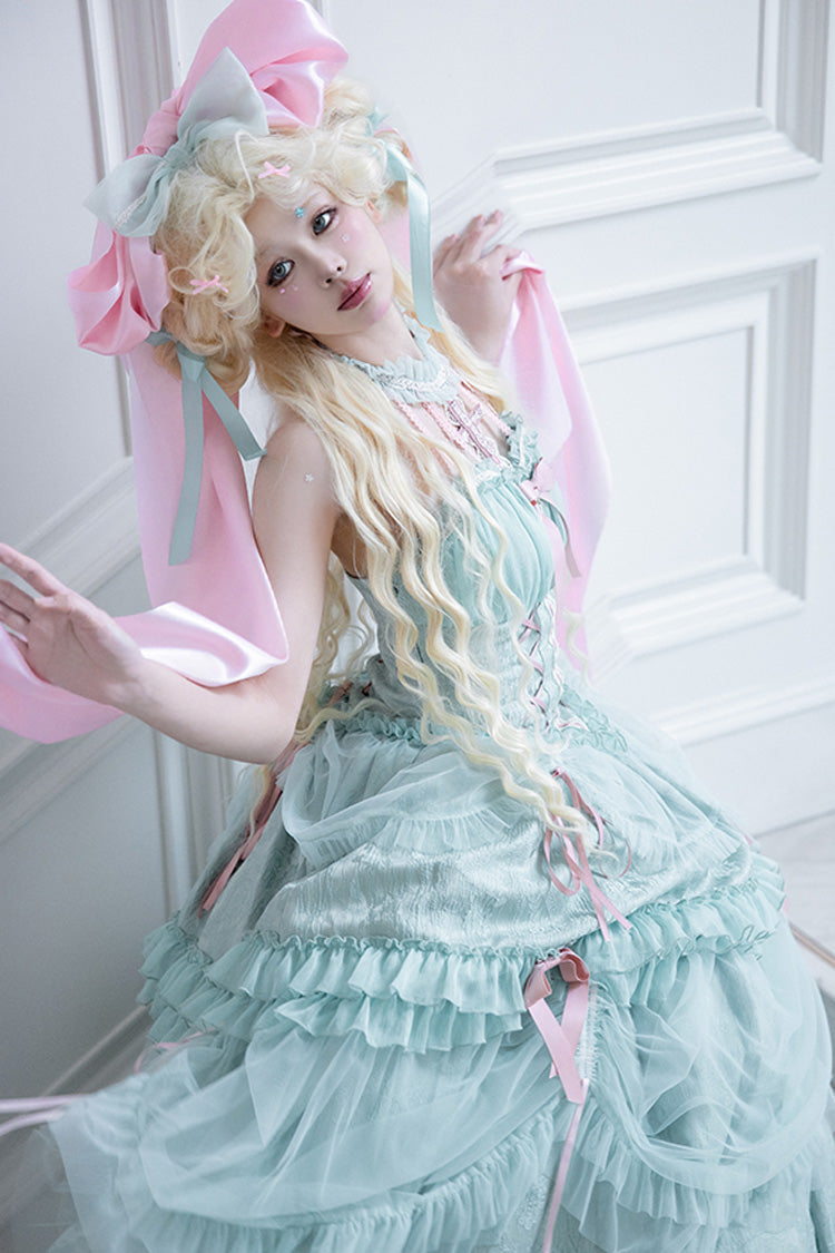 Green Cross Halterneck Ruffle Bowknot Lace Lace-Up Princess Sweet Lolita Dress