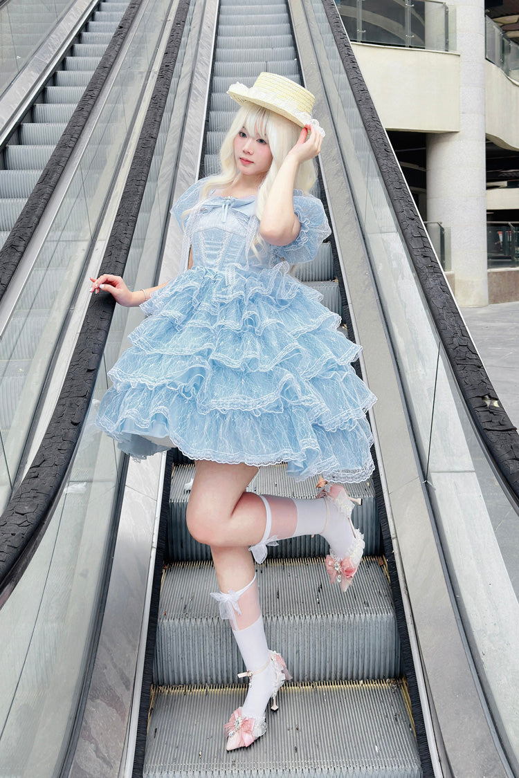 Blue Short Sleeves Multi-Layered Ruffle Hanayome Bowknot Lace Plus Size Sweet Lolita Dress