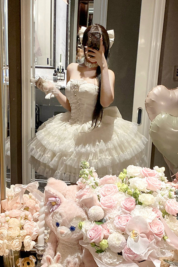 Beige [Heartbeat at First Sight] Off Shoulder Sleeveless Multi-Layered Ruffle Bowknot Lace Lace-Up Sweet Princess Gorgeous Lolita Dress