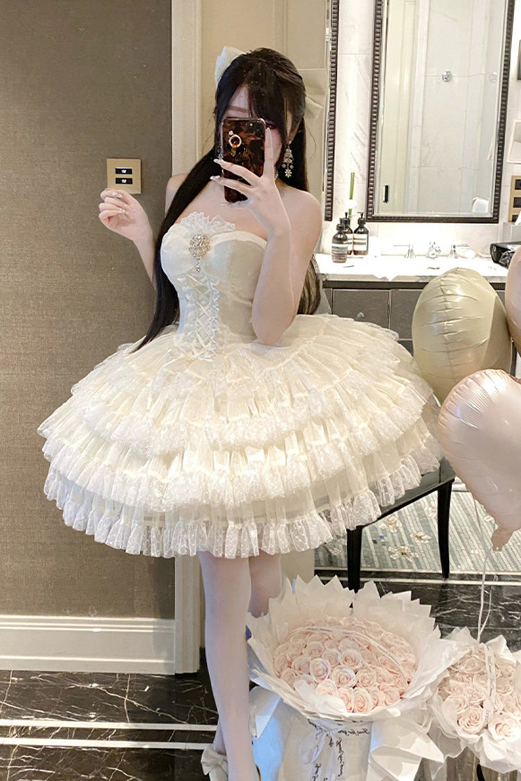 Beige [Heartbeat at First Sight] Off Shoulder Sleeveless Multi-Layered Ruffle Bowknot Lace Lace-Up Sweet Princess Gorgeous Lolita Dress