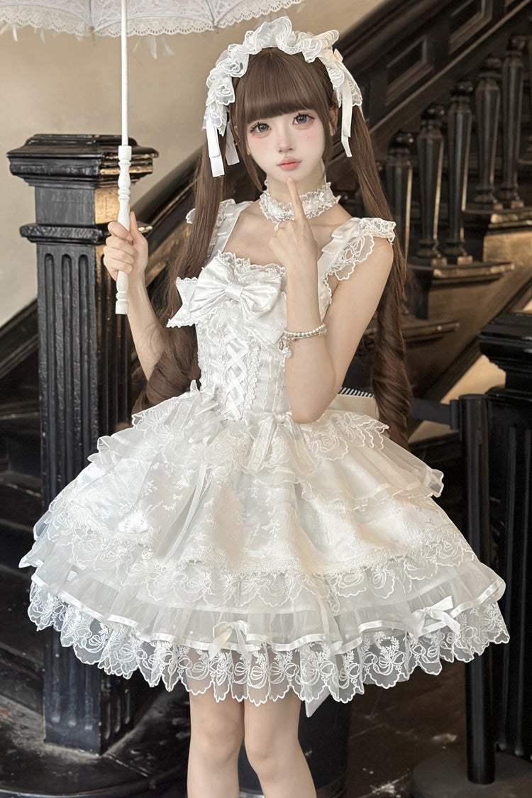Robe Jsk Lolita Ballet Douce Slim en Dentelle à Volants sans Manches avec Nœud Papillon Blanche [Fleishi Island] 