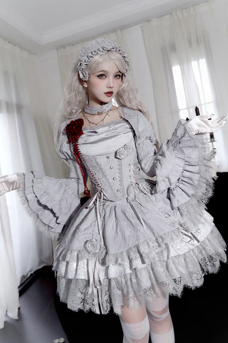 Silver Grey [Twilight] Multi-Layered Ruffle Hollow Lace Gothic Witch Lolita Skirt