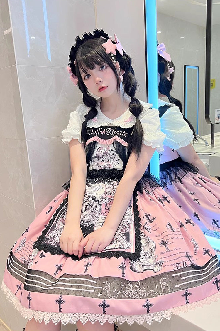 Pink Rabbit Doll Theater Print Sweet Lolita Jsk Dress