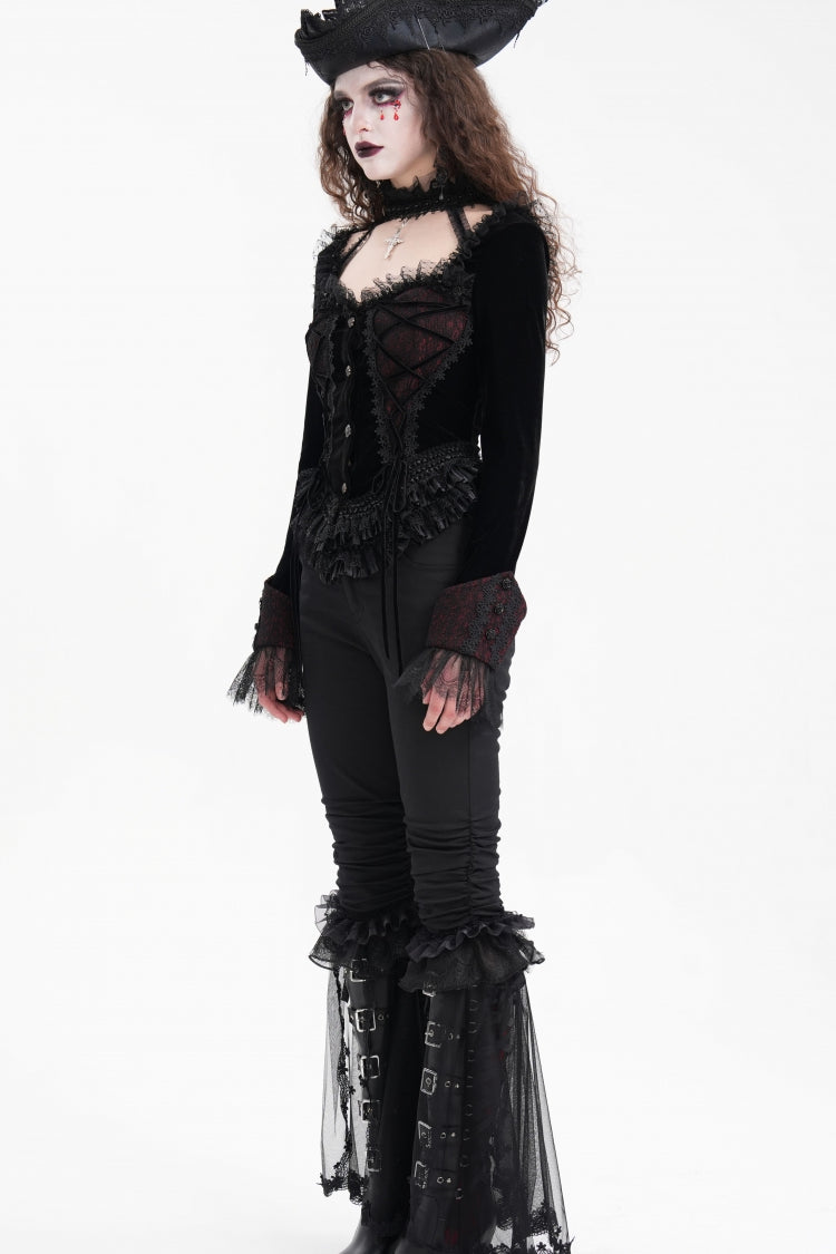 Schwarze Gothic-Bluse mit langen Ärmeln, Rüschen und Schnürung aus Netzstoff für Damen
