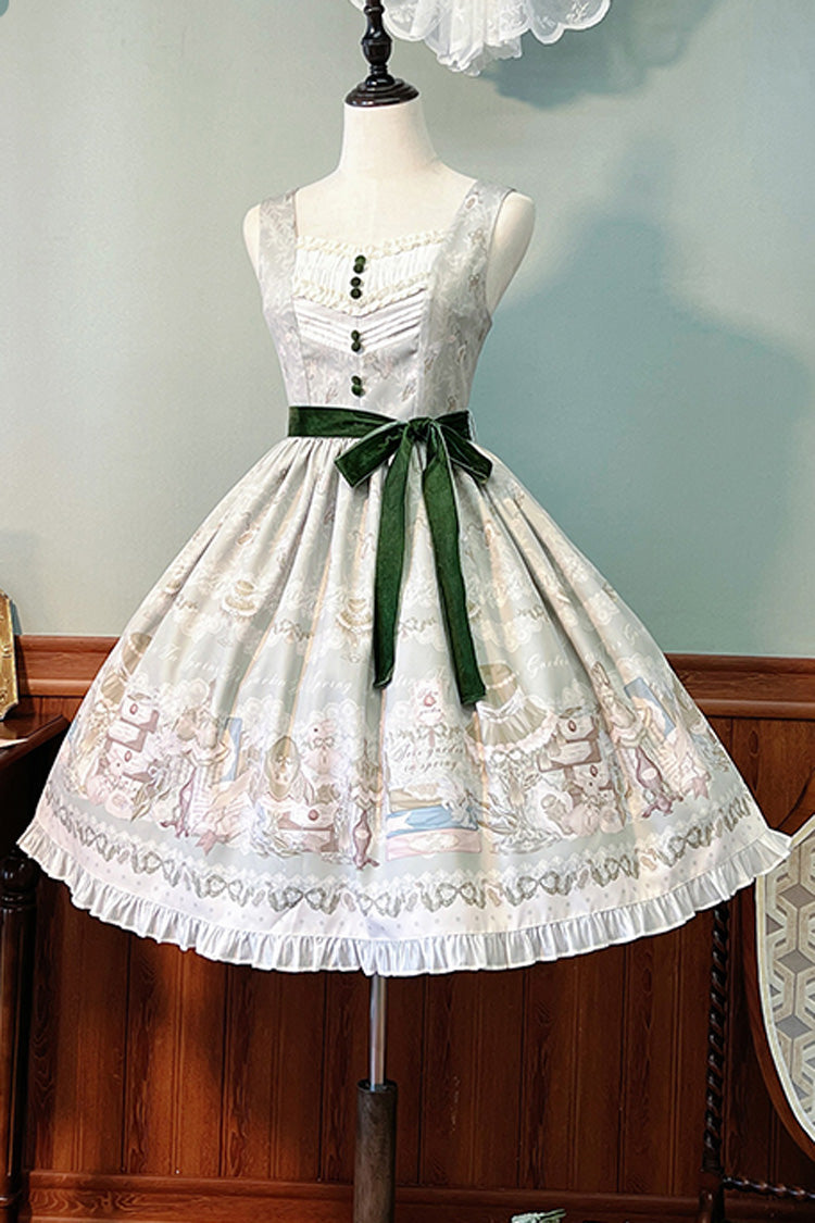 [Iris Study] V-Kragen Ärmellos Print Schleife Spitze Süßes Lolita Pullover Kleid 2 Farben