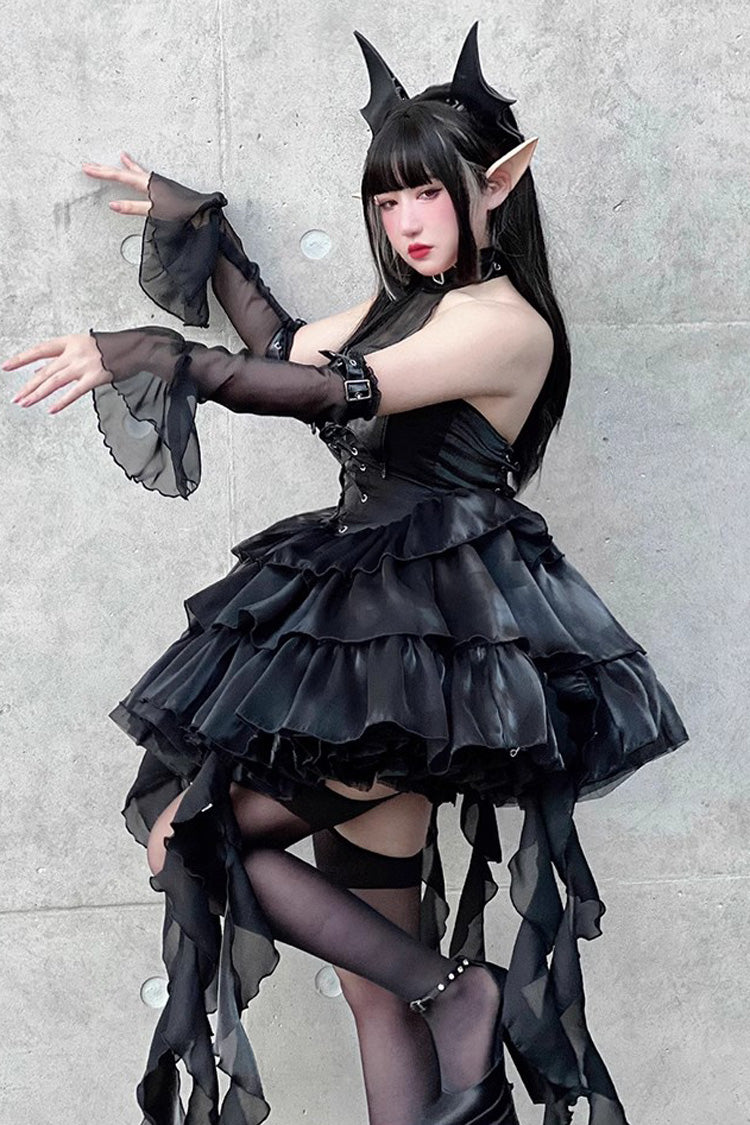 Pure Black Little Devil Sexy Princess Slim Gothic Lolita Strapless Tiered Dress