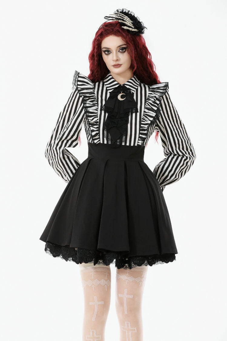Schwarz/weiß gestreiftes Reverskragen, lange Ärmel, Mondspitze, Schleife, gerüscht, plissiert, Gothic-Kleid für Damen
