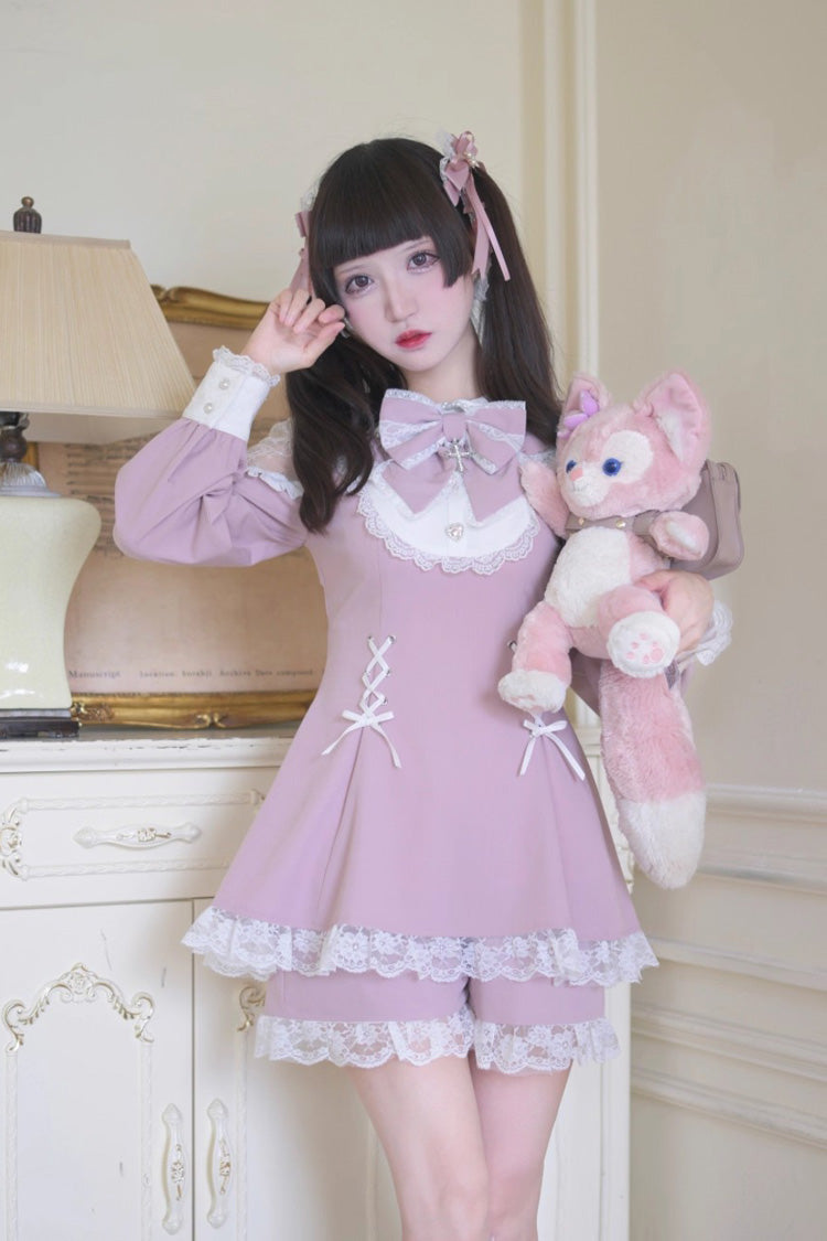 Pink/White [Divine love] Long Sleeves Hollow Bowknot Lace Lace-Up Sweet Jirai Kei Dress Shorts Set