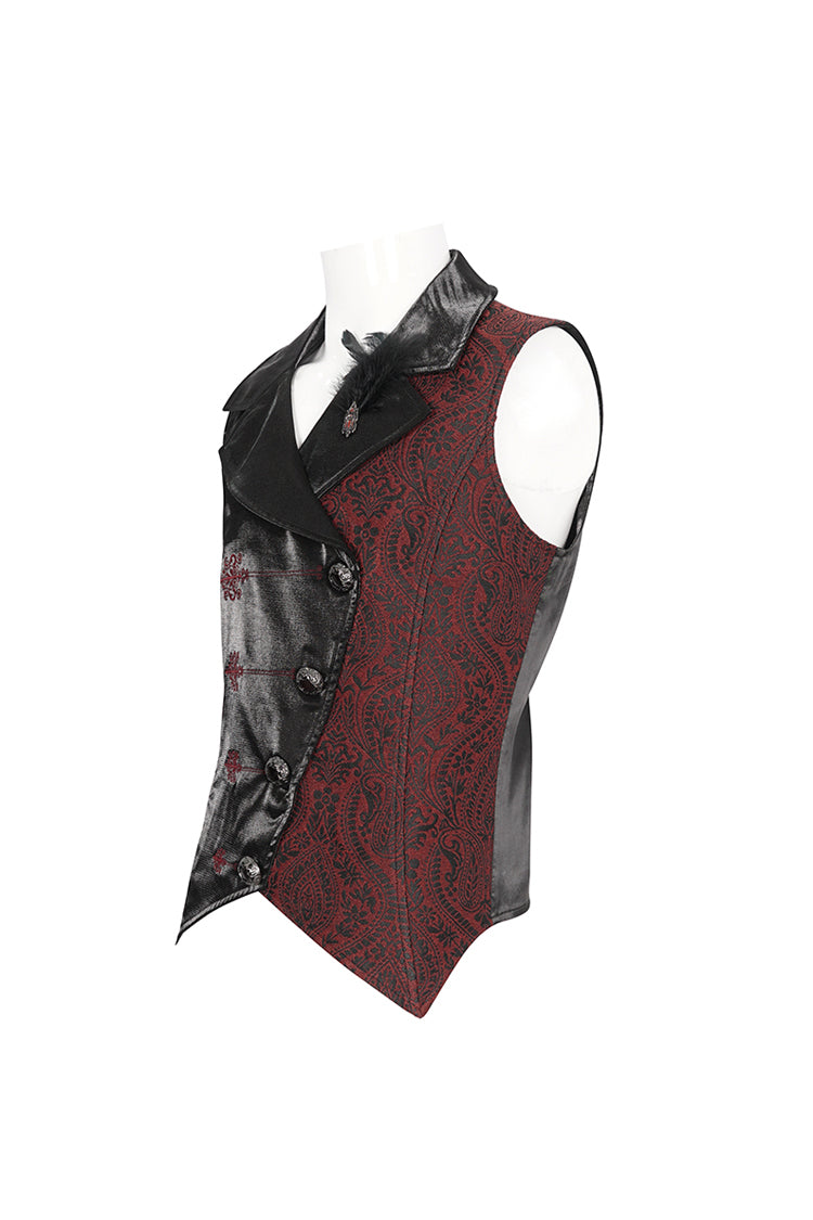 Black/Red Embossed Feather Men's Gothic Waistcoat