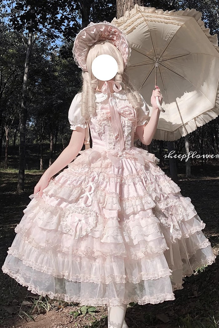 Pink [Sweetheart Diary] Multi-Layered Ruffle Hanayome Embroidery Bowknot Lace Sweet Lolita Jsk Dress