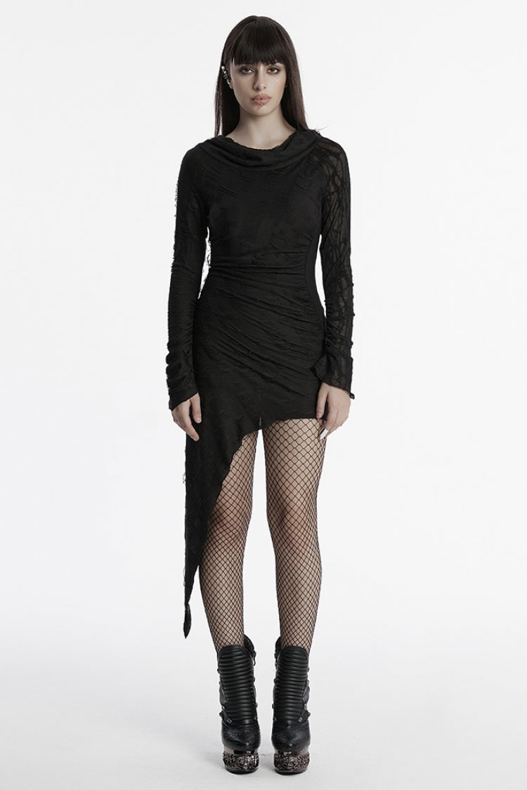 Black Long Sleeves Irregular Hooded Ripped Asymmetric Women's Punk Music Festival Dress