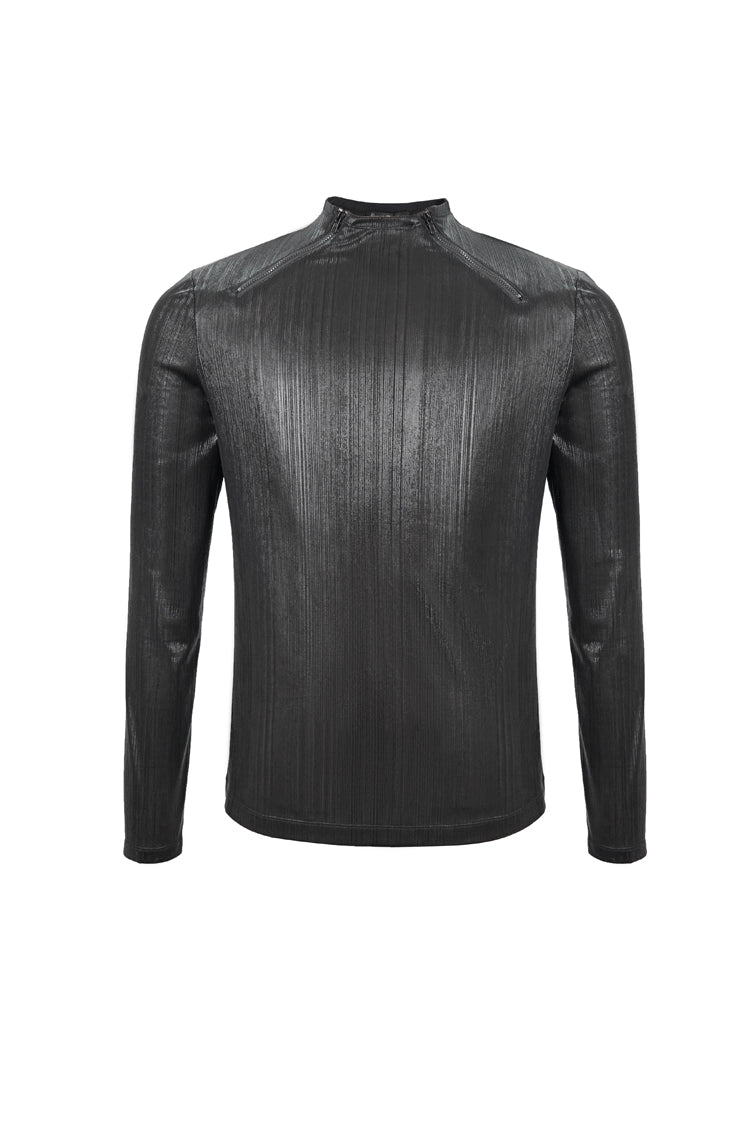 Black Zipper Neckline Long Sleeves Slim Mens Steampunk Top