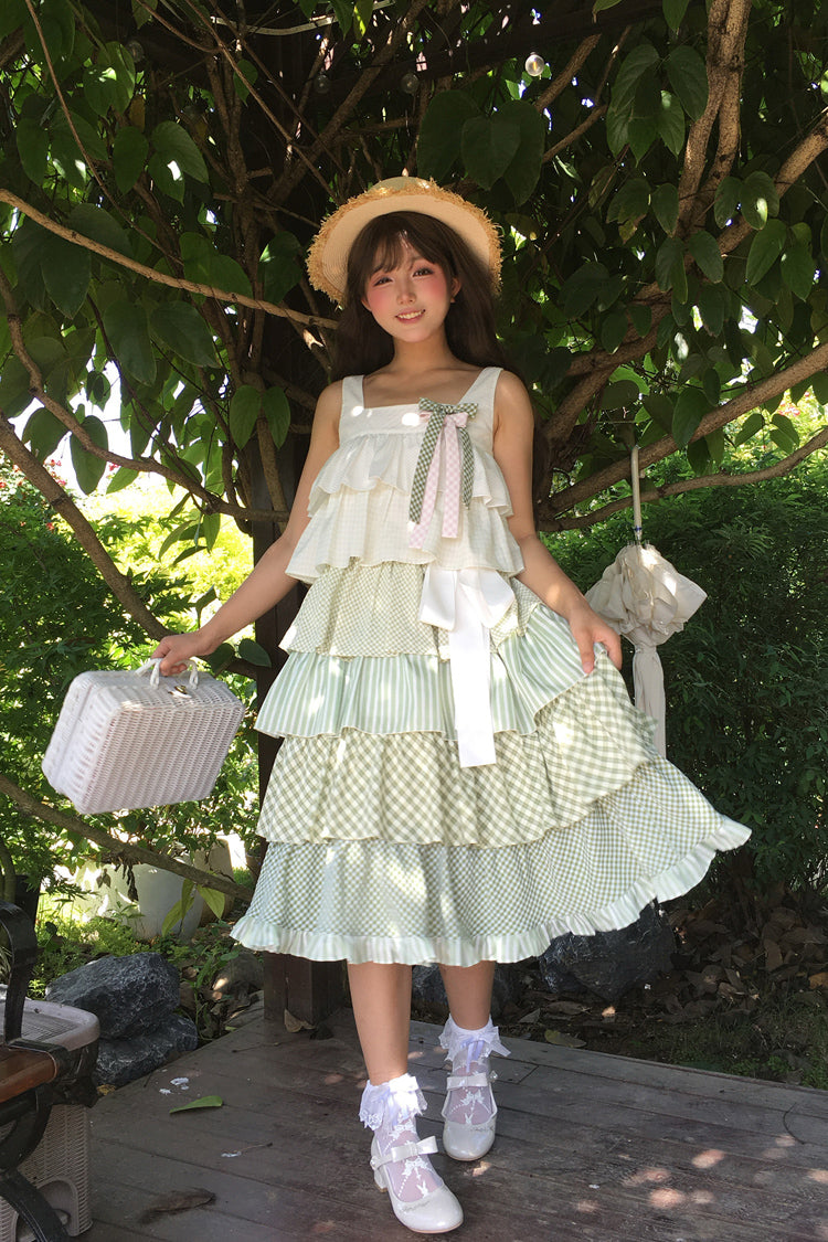 グリーン [Go To The Forest] マルチレイヤープリント フリル ホリデー スイート ロリータ ジャンパースカート ドレス 