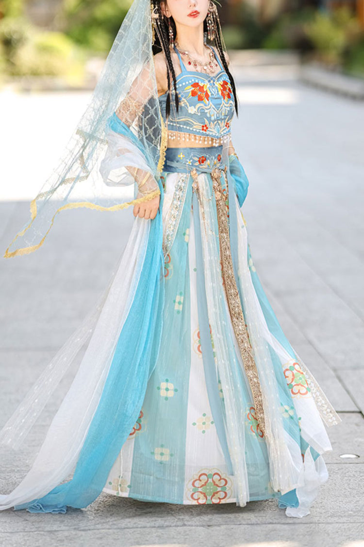 Blue Elegant Print Embroidery High Waisted Sleeveless Hanfu Dress Full Set