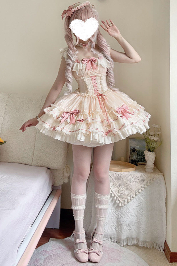 Abricot [Flory Butterfly] Robe Jsk Lolita Ballet Doux à Volants Doubles avec Nœud Papillon et Dentelle à Lacets 